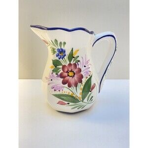 Vintage Portugal Pottery Pitcher Hand Painted Jar Floral Motif  Signed 1967